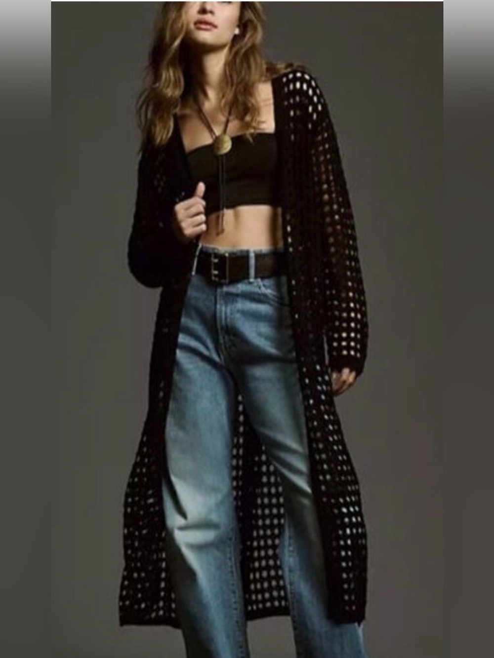 Anthropologie Open-Weave Duster Cardigan black one M - Picture 2 of 6